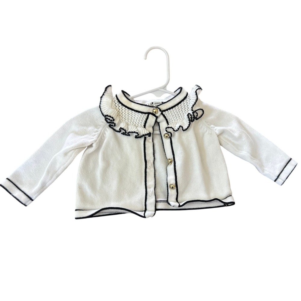 Baby White Knit Cardigan Sweater with Ruffle Collar and Black Trim Gold Buttons